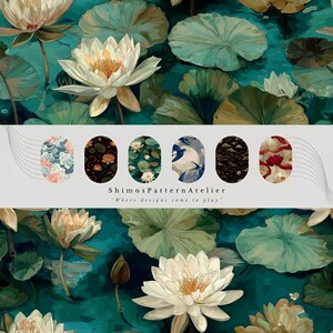 Motif de fleurs de lotus et de nénuphars sans couture avec fond d'étang bleu sarcelle, parfait pour le tissu, le papier numérique, le scrapbooking et l'art imprimable