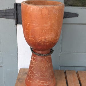 Large Hand Carved Terracotta Goblet Drum Vase Planter 24" Incised Floral Pottery
