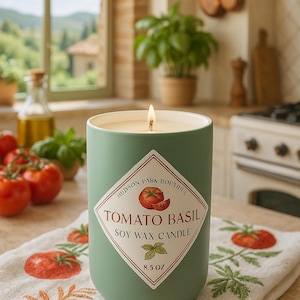 Tomato Leaf & Basil Soy Wax Candle - Fresh Tomato Basil Aroma - Hand Poured Garden Scented Candle