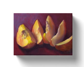 May include: A painting of five peach slices on a deep purple background. The peach slices are arranged in a row, with the cut sides facing the viewer. The peach slices are a light yellow color with a hint of pink.