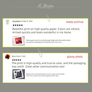 5 star reviews for my prints on matte archival or glossy photo paper. Beautiful print on high quality paper. Colors are vibrant. Arrived quickly and looks wonderful in my home. The print is high quality and true to color, and the packaging was solid!