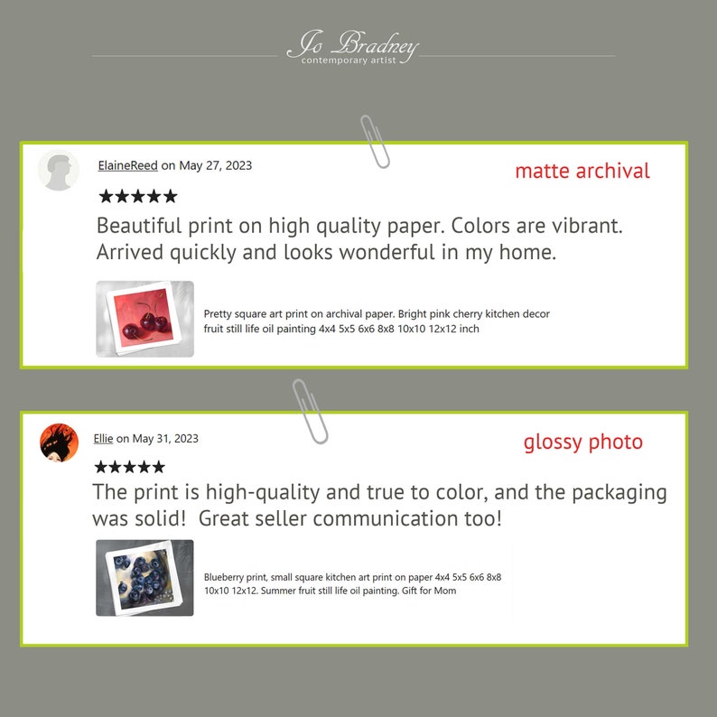 5 star reviews for my prints on matte archival or glossy photo paper. Beautiful print on high quality paper. Colors are vibrant. Arrived quickly and looks wonderful in my home. The print is high quality and true to color, and the packaging was solid!