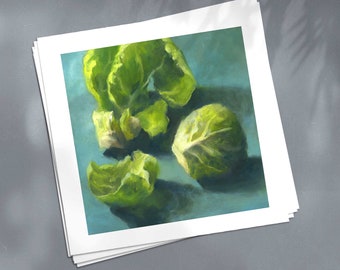 Fall vegetable still life oil painting, large square print on paper. Teal kitchen art, gift for Brussel Sprout Lover 12x12 10x10 8x8 6x6 5x5