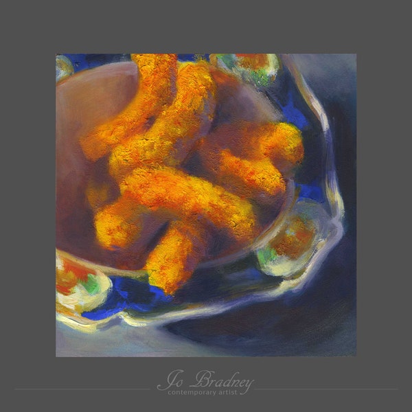Snack food art print of modern still life. Cheetos oil painting for classy dorm kitchen, geek game room or funny home bar 4x4 5x5 6x6 8x8