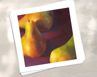 Pear art print on paper. Square fruit still life oil painting. Modern Fall themed decor for kitchen wall art 4x4 5x5 6x6 8x8 10x10 12x12