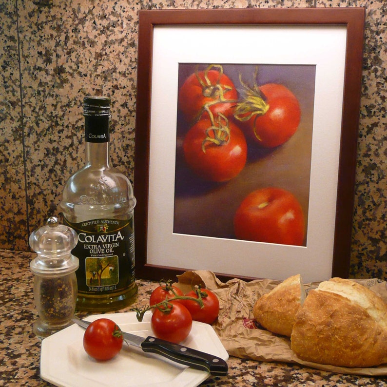 A moody red tomato painting summer salad vegetable art print in an elegant picture frame on a modern farmhouse kitchen wall. Vertical portrait giclee art print on archival fine art paper of oil painting veggie still life 4x6 5x7 8x10 9x12 11x14 inch