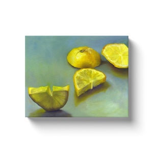 May include: A still life painting of four lemons on a blue-green background. One lemon is whole, and the other three are cut into wedges. The lemons are painted in a realistic style with bright yellow hues.