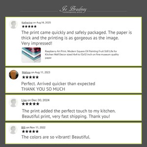 5 Star reviews for the Raspberry Print : The print came quickly and safely packaged. The paper is thick and the printing is as gorgeous as the image.
Very impressed!