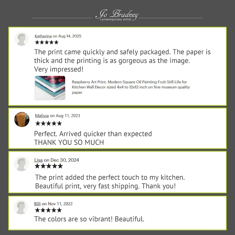 5 Star reviews for the Raspberry Print : The print came quickly and safely packaged. The paper is thick and the printing is as gorgeous as the image.
Very impressed!