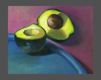 Avocado art on quality paper. Small kitchen print of food still life oil painting. Vegetable wall decor. 4x6 5x7 8x10 9x12 11x14 inch