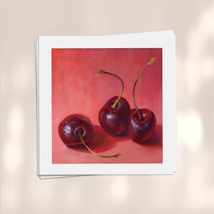 Pretty square art print on archival paper. Bright pink cherry kitchen decor. Fruit still life oil painting. 4x4 5x5 6x6 8x8 10x10 12x12 inch