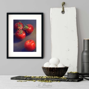 A summer salad tomato art print of realism painting in a simple elegant picture frame on a modern farmhouse kitchen wall. Vertical portrait giclee art print on archival fine art paper of my dark oil painting still life 4x6 5x7 8x10 9x12 11x14 inch.