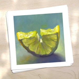 Lemon slice art print on paper, citrus decor for kitchen wall art. Small square fruit oil painting still life 4x4 5x5 6x6 8x8 10x10 12x12