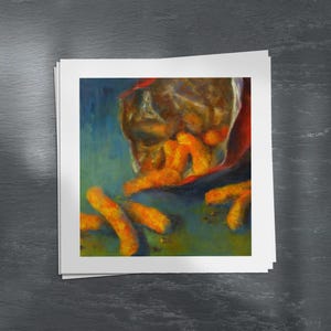 Cheese Puff Curls Print, square 4x4 - 12x12 inch. Funny food still life painting. Quirky kitchen wall art. Maximalist Dopamine Decor