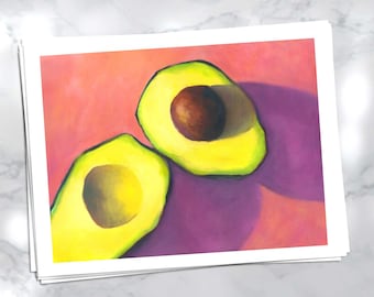Half avocado print on paper. Small simple artwork for bright pink kitchen wall art. Healthy vegetable still life oil painting food art