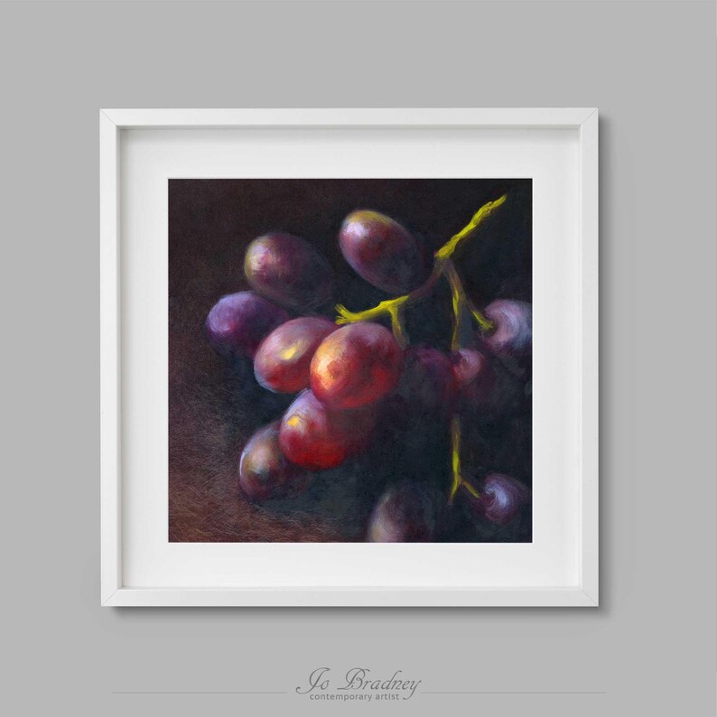 Square Fruit Art Print. Dark Still Life Oil Painting of Purple Grapes for Kitchen and Dining Room 4x4 to 12x12 inch on fine art paper afbeelding 12