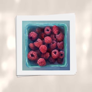 Raspberry Art Print. Modern Square Oil Painting Fruit Still Life for Kitchen Wall Decor sized 4x4 to 12x12 inch on fine museum quality paper