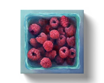 Pink raspberry print on canvas, wall art for modern kitchen decor. Small square fruit art print of oil painting 6x6 8x8 10x10 12x12 inch