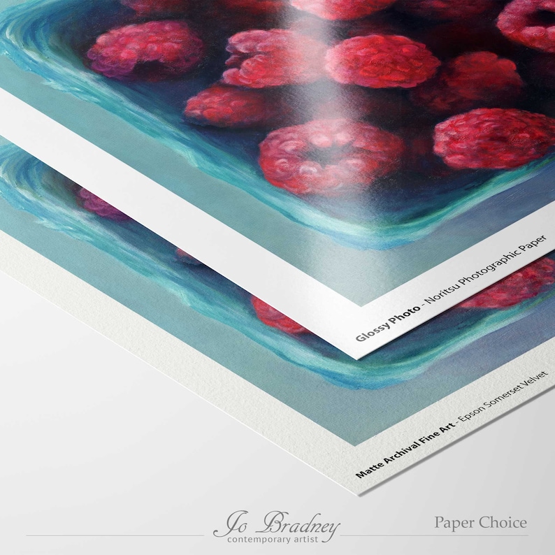 For this pink raspberry art print choose from heavyweight Glossy Photo Paper by Noritsu or Somerset Velvet Fine Art Paper 100% cotton rag by Epson. Both papers are archival and use quality ink for a lifetime of color. 4x4 5x5 6x6 8x8 10x10 12x12