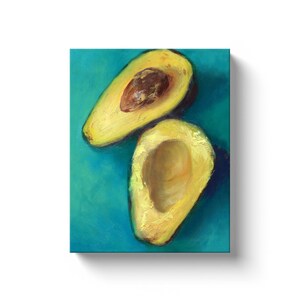 Avocado Canvas Art Print. Colorful Vegetable Painting for Vibrant Modern Turquoise Kitchen Wall Decor. 8x10 to 12x16 inch, deep 3D artwork