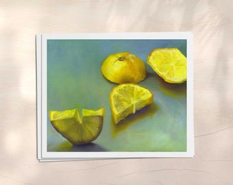 Impression d'art mural citron sur papier, 4 x 6 - 11 x 14 pouces. Tableau nature morte aux agrumes colorés pour la décoration de la cuisine ou du bar
