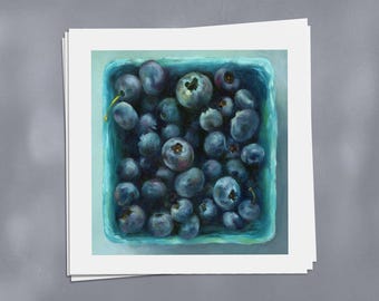 Blueberry Fruit Still Life Oil Painting Print for Farmers Market Kitchen Wall Decor. Square Sizes 4x4 - 12x12 inch on giclee fine art paper