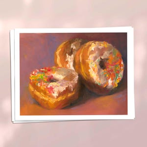 Dusty Pink Donuts Painting Print on archival paper, 4x6 to 11x14 inch. Realistic food art for colorful breakfast nook decor or kitchen wall