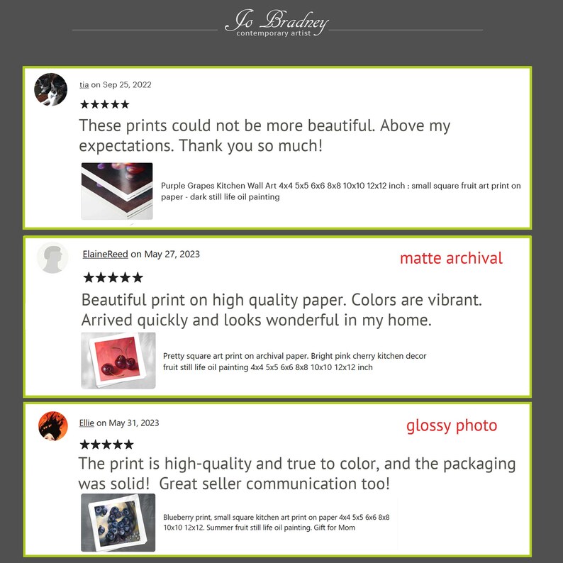 5 star reviews for my prints on matte archival or glossy photo paper. Beautiful print on high quality paper. Colors are vibrant. Arrived quickly and looks wonderful in my home. The print is high quality and true to color, and the packaging was solid!