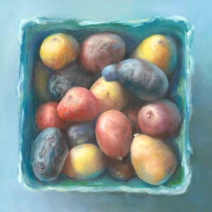 Impression d'art colorée de pommes de terre sur du papier d'archives fin. Peinture à l'huile végétale réaliste pour mur de cuisine de cottage moderne. Carré 4 x 4 à 12 x 12 po.