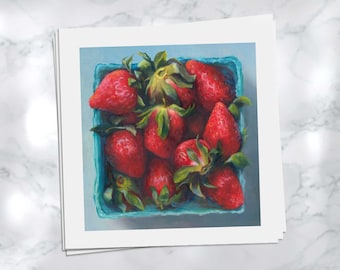 Strawberry Still Life Art Print, 4x4 - 12x12 inch. Red Kitchen Wall Decor. Modern Realism Oil Painting. I Pick U - Fruit Anniversary Present