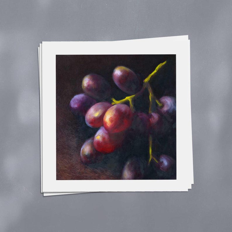Square Fruit Art Print. Dark Still Life Oil Painting of Purple Grapes for Kitchen and Dining Room 4x4 to 12x12 inch on fine art paper afbeelding 14