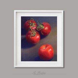 A moody, dark red tomato painting print on archival fine art paper in a simple, elegant white picture frame. This traditional realism painting, modern still life of vegetables comes in size 4x6 5x7 8x10 9x12 11x14 inch.