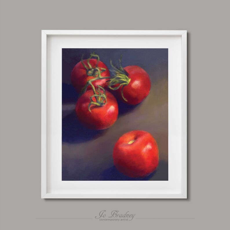 A moody, dark red tomato painting print on archival fine art paper in a simple, elegant white picture frame. This traditional realism painting, modern still life of vegetables comes in size 4x6 5x7 8x10 9x12 11x14 inch.