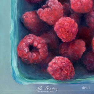 Detail of my raspberry painting print on archival paper showing the brushstrokes of the pink summer berries and the rough turquoise farmers market box. Square fine art print of my realistic oil painting fruit still life 4x4 5x5 6x6 8x8 10x10 12x12