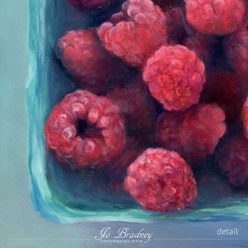 Detail of my raspberry painting print on archival paper showing the brushstrokes of the pink summer berries and the rough turquoise farmers market box. Square fine art print of my realistic oil painting fruit still life 4x4 5x5 6x6 8x8 10x10 12x12