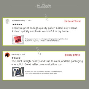 5 star reviews for my prints on matte archival or glossy photo paper. Beautiful print on high quality paper. Colors are vibrant. Arrived quickly and looks wonderful in my home. The print is high quality and true to color, and the packaging was solid!