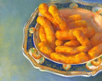 Cheese Puffs Art Print, square 4x4 to 12x12 inch. Unique Decor for Man Cave, Home Bar or Gaming Room. Weird Gifts for Men, Husband