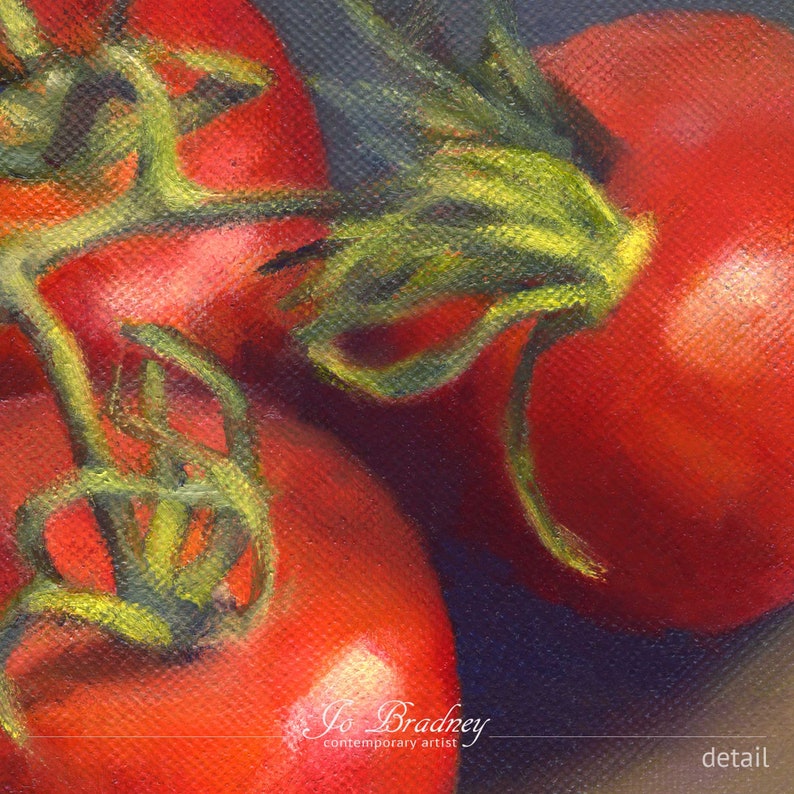 Detail of my red tomato painting print on paper showing the brushstrokes in the summer salad vegetable the red fruit against the spiky green stems. This moody artwork is a reproduction of my modern still life dark oil painting 4x6 5x7 8x10 9x12 11x14