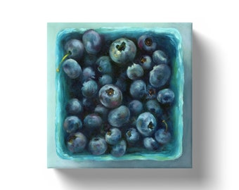 Square canvas art print of blueberry painting for kitchen wall decor. Small fruit still life oil painting 6x6 8x8 10x10 12x12 by 1 inch deep