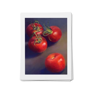 Vertical realistic oil painting of red tomatoes on the vine on a moody dark black background. One tomato has escaped the cluster. Portrait giclee art prints on archival paper of my salad vegetable food still life. 4x6 5x7 8x10 9x12 11x14 inch