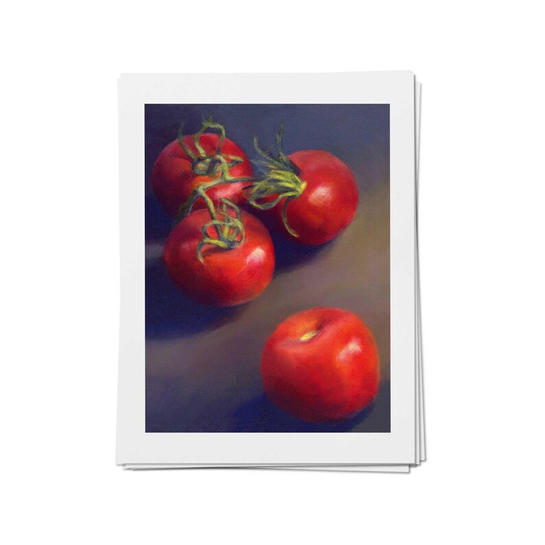Vertical realistic oil painting of red tomatoes on the vine on a moody dark black background. One tomato has escaped the cluster. Portrait giclee art prints on archival paper of my salad vegetable food still life. 4x6 5x7 8x10 9x12 11x14 inch