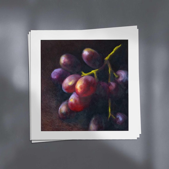 Square Fruit Art Print. Dark Still Life Oil Painting of Purple Grapes for Kitchen and Dining Room 4x4 to 12x12 inch on fine art paper