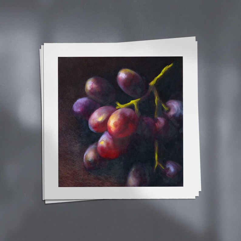 Moody purple and red grapes with lime green stems emerge from a dramatic wine dark background. Archival giclee print on fine art paper of my realistic square oil painting fruit still life. Square art print on 4x4 5x5 6x6 8x8 10x10 12x12 inch
