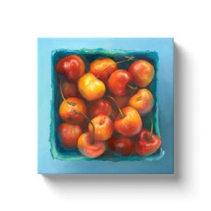 May include: A painting of a square blue container filled with cherries. The cherries are a mix of red and yellow, with green stems. The container is painted with a textured, brushstroke effect.