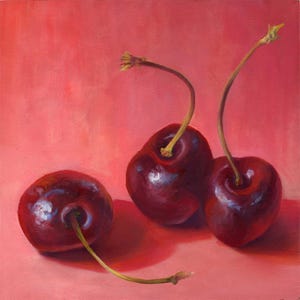 Pretty square art print on archival paper. Bright pink cherry kitchen decor. Fruit still life oil painting. 4x4 5x5 6x6 8x8 10x10 12x12 inch