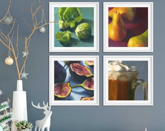 Christmas Food Gallery Wall, artwork for kitchen or dining room. Square art print set of 2 3 4 5 6 or 7 : 4x4 5x5 6x6 8x8 10x10 12x12 inch