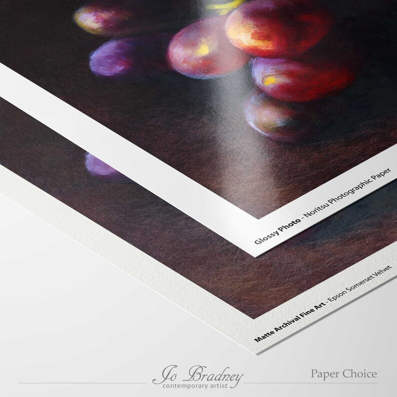 For this square dark red grapes art print choose heavyweight Glossy Photo Paper by Noritsu or Somerset Velvet Fine Art Paper 100% cotton rag by Epson. Both papers are archival and use quality ink for a lifetime of color.