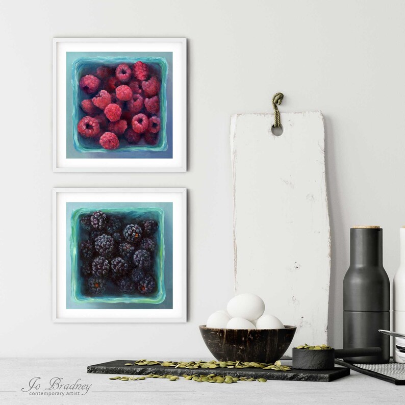 Square farmers market art gallery wall set of 2 summer berry food art prints on high quality fine art paper of my fruit still life oil painting on a small breakfast bar nook or modern farmhouse kitchen dining room wall. 4x4 5x5 6x6 8x8 10x10 12x12
