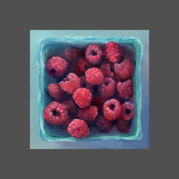 Raspberry oil painting, square art print on paper. Fruit still life food art. Summer berry kitchen wall decor 4x4 5x5 6x6 8x8 10x10 12x12