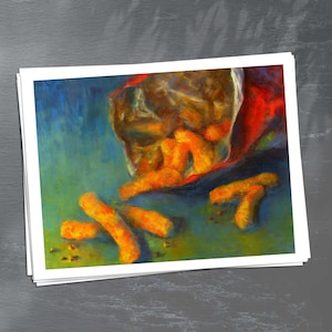 Gift for Gamers, Geeks and Teens - Cheese Puffs art print on paper. Funny painting for gaming room or man cave wall decor 4x6 - 11x14 inch